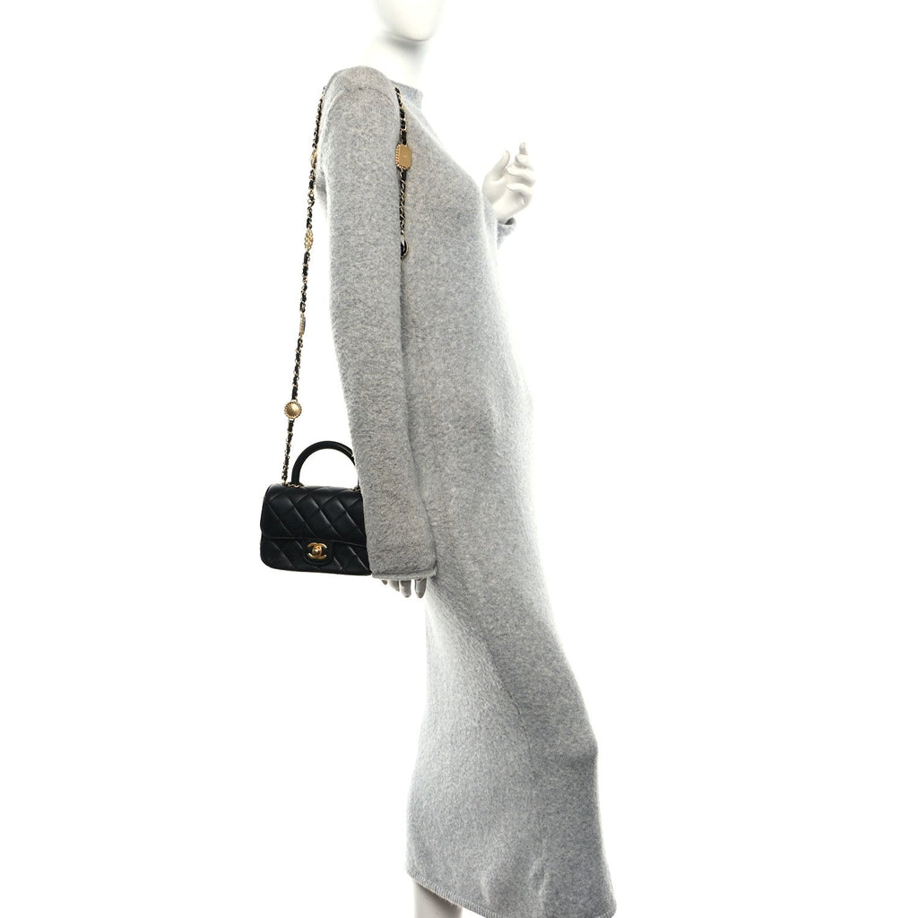 Lambskin Quilted Bijoux Chain Mini Top Handle Flap Black
