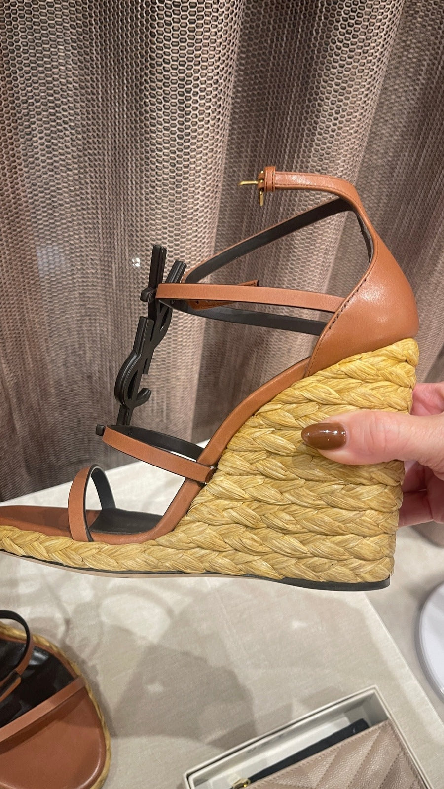 Yves Saint Laurent YSL  Cassandra Wedge Spadriles Tan