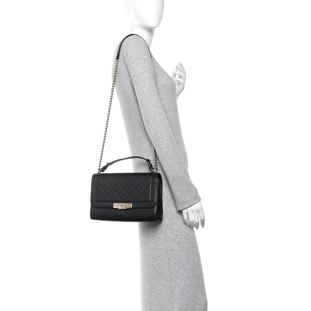 Grained Calfskin Quilted Medium Label Click Flap Bag Black