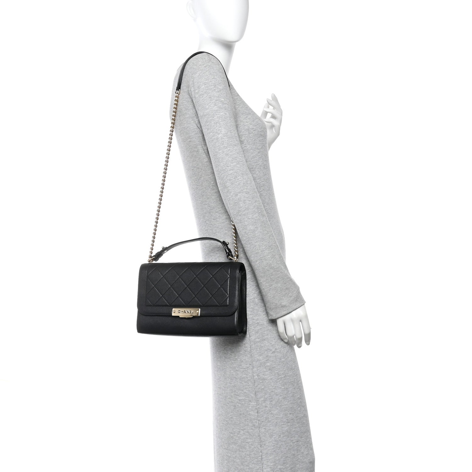 Grained Calfskin Quilted Medium Label Click Flap Bag Black