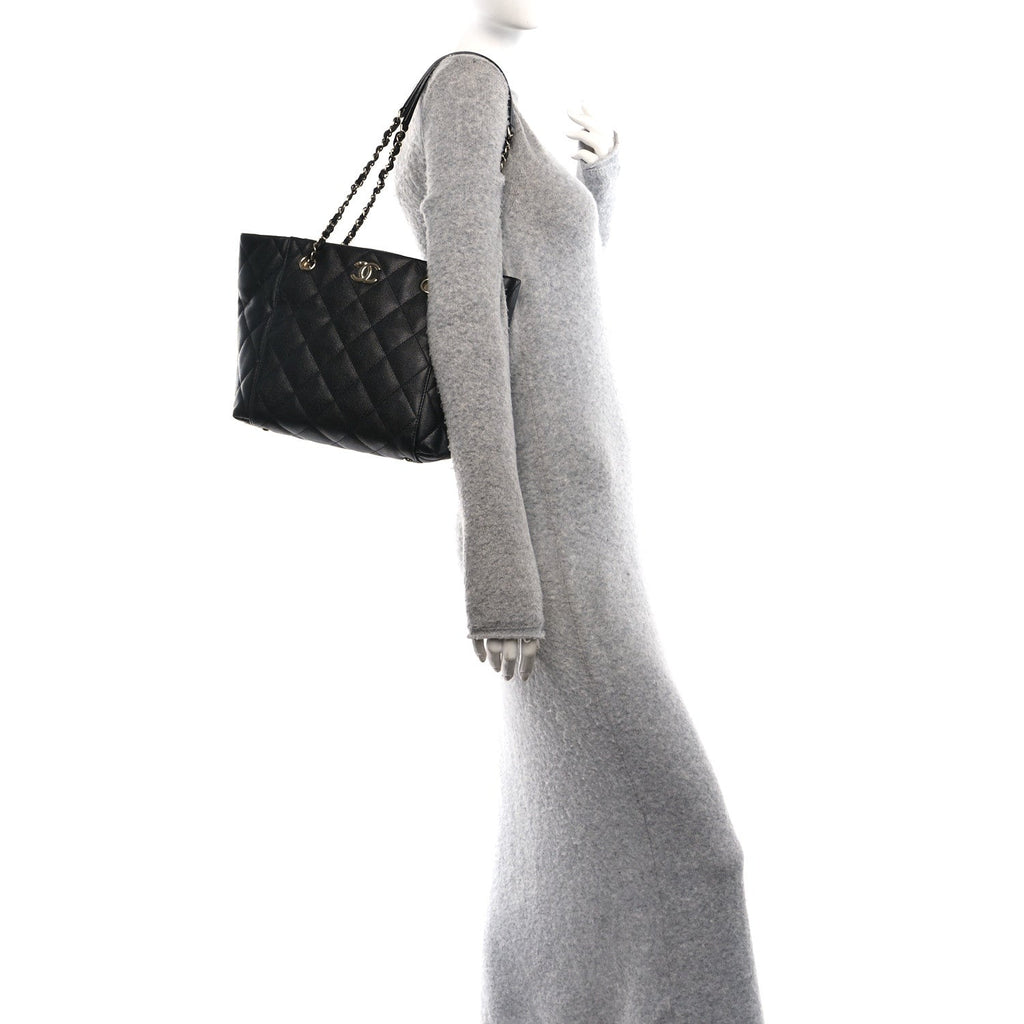 Caviar Quilted Small Shopping Tote Black
