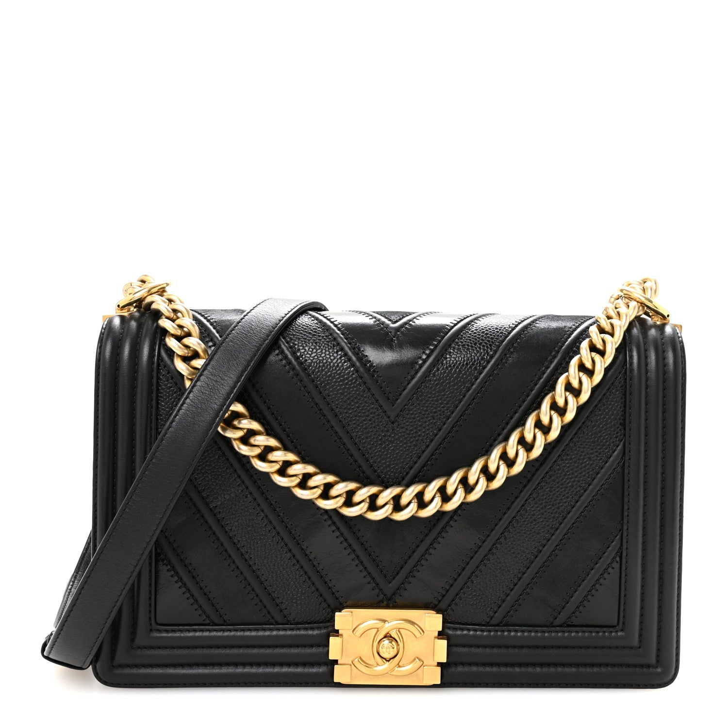 Calfskin Caviar Suede Chevron New Medium Boy Flap Black