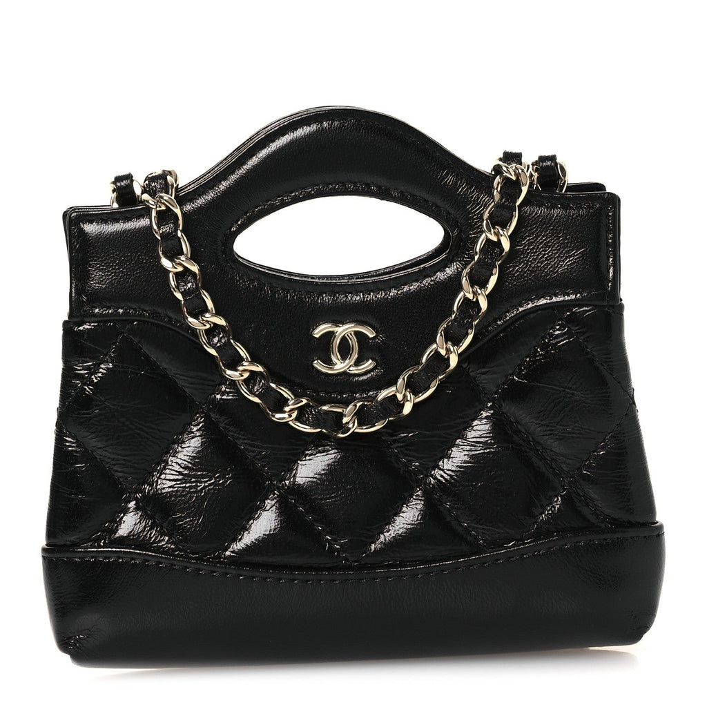 Shiny Lambskin Quilted Micro 31 Clutch With Chain Black