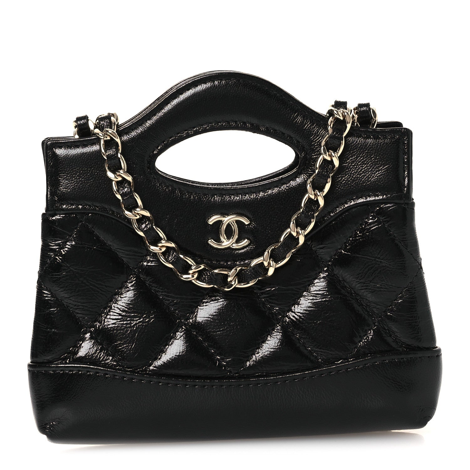 Shiny Lambskin Quilted Micro 31 Clutch With Chain Black