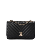 Chanel Lambskin Chevron Quilted Trendy CC Wallet On Chain Woc In Black