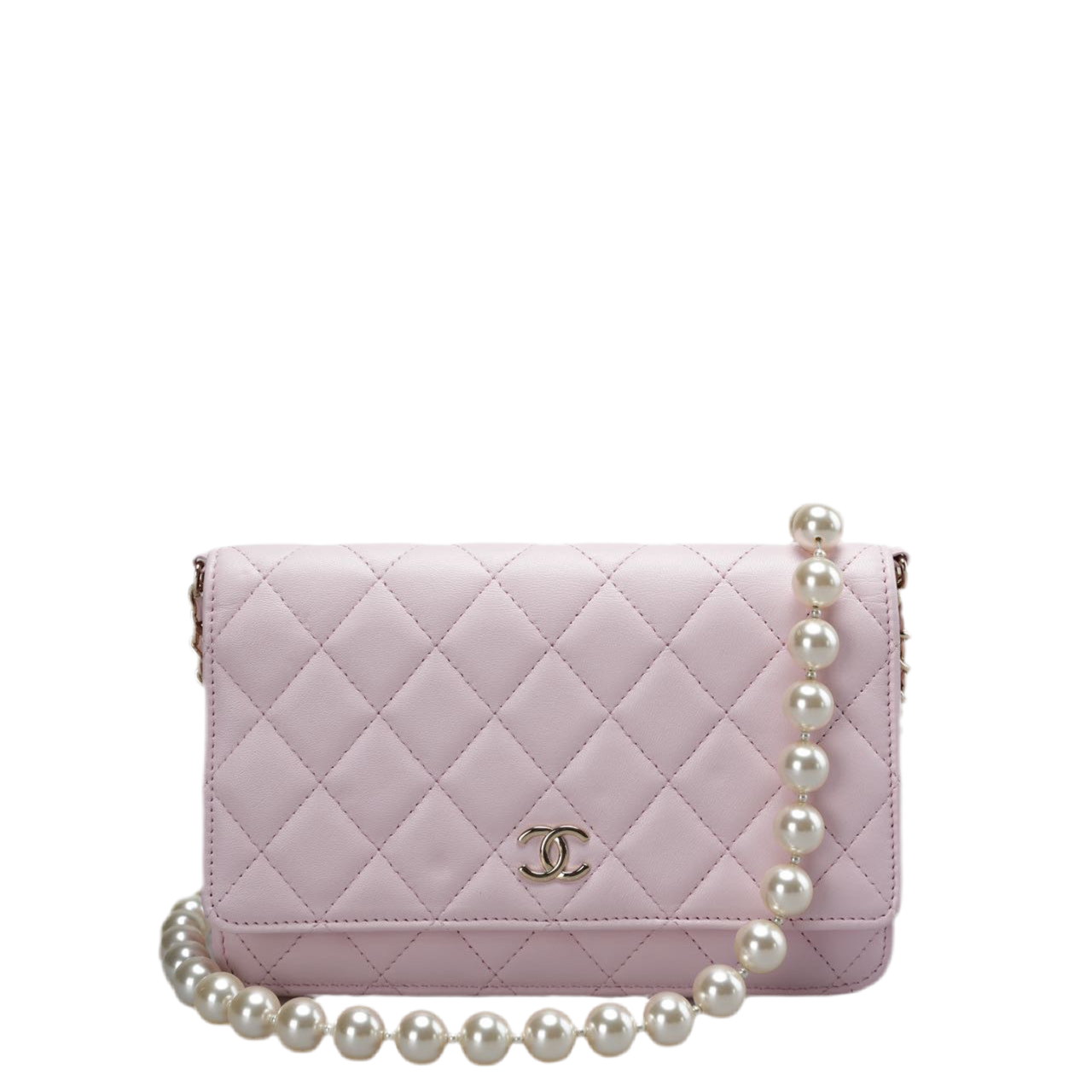 Chanel Baby Pink Wallet on Chain (WOC) in Quilted Lambskin with Pearl Chain – Gold Hardware