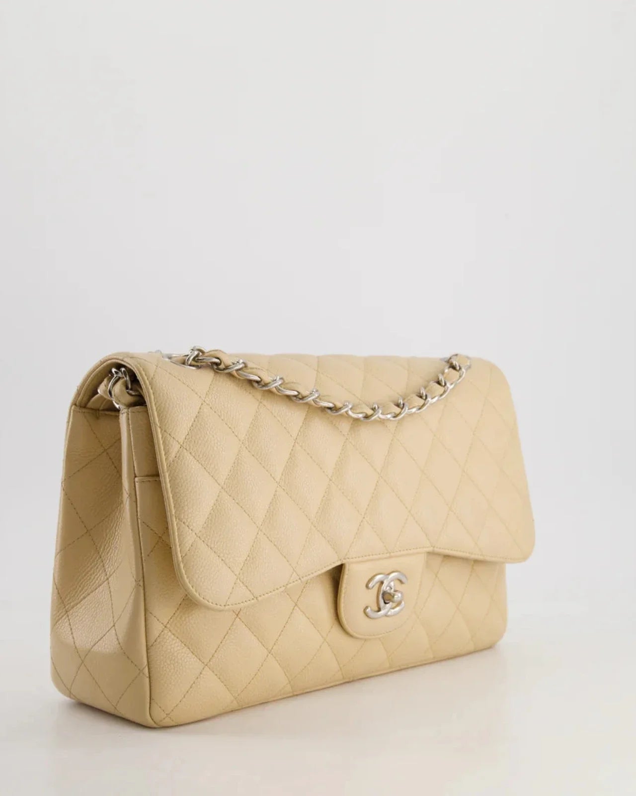 Chanel timeless Flap Bag Beige Jumbo Size Caviar Leather with Silver Hardware