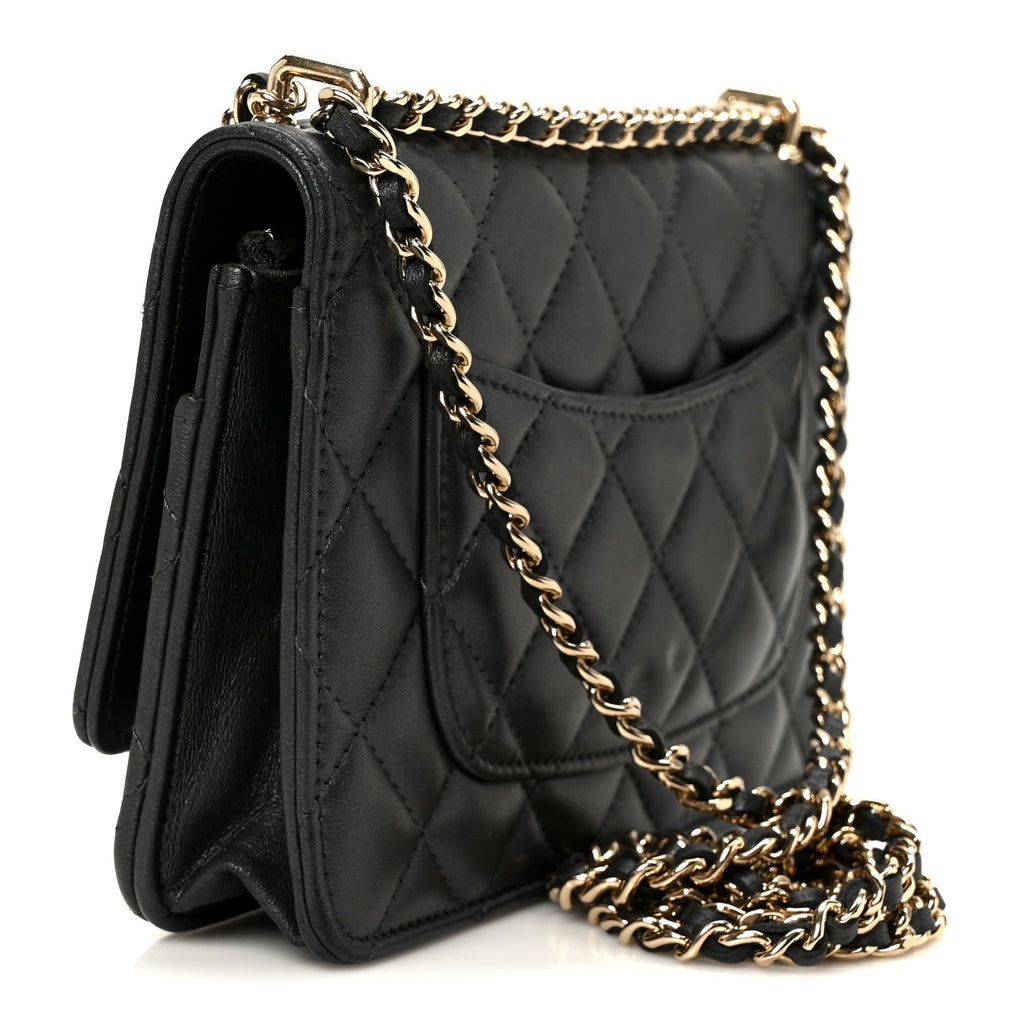 Pearly Lambskin Quilted Charms Wallet On Chain WOC Black