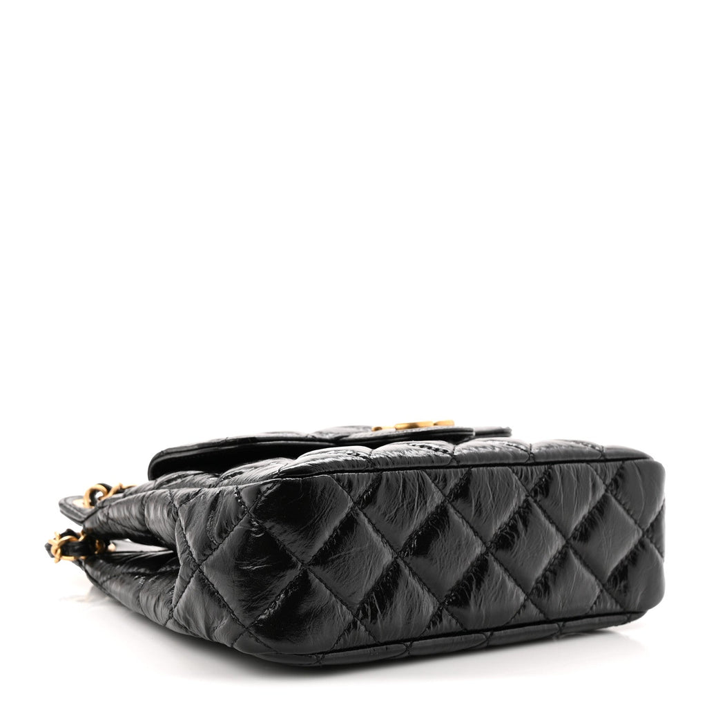 Shiny Crumpled Calfskin Quilted Small Wavy CC Hobo Black