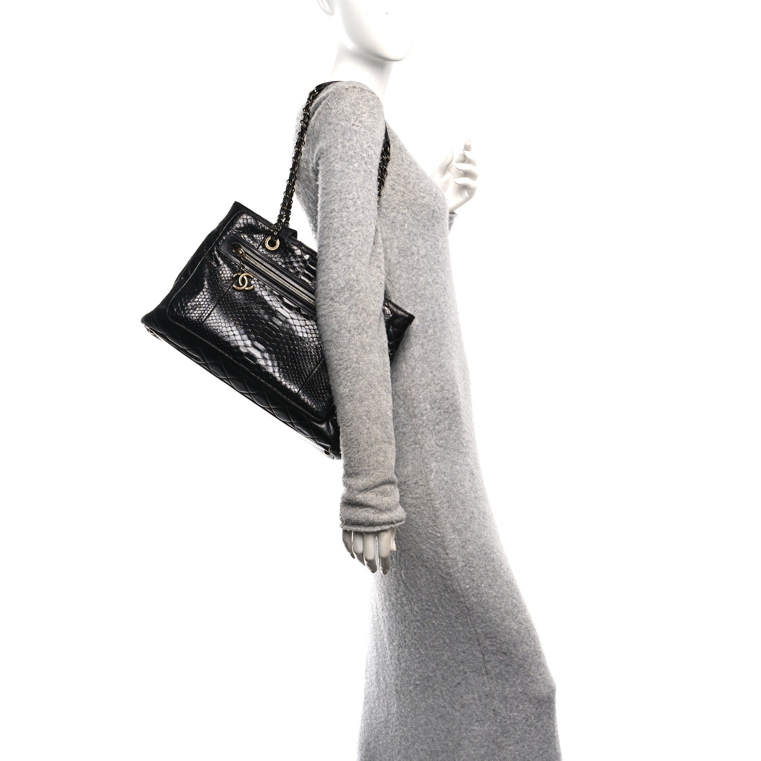 Snakeskin Glazed Calfskin Quilted Urban Mix Tote Black