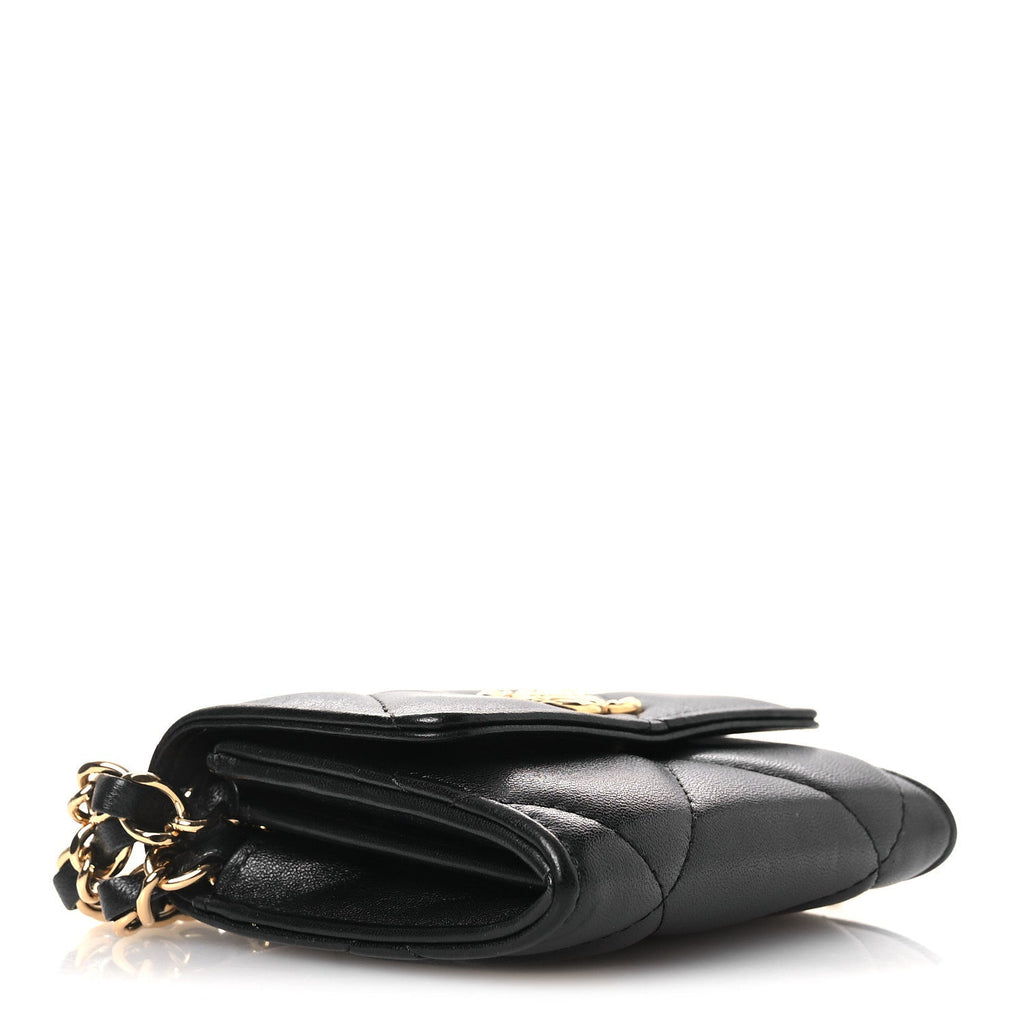Lambskin Pearl Quilted CC Flap Card Holder With Chain  Black