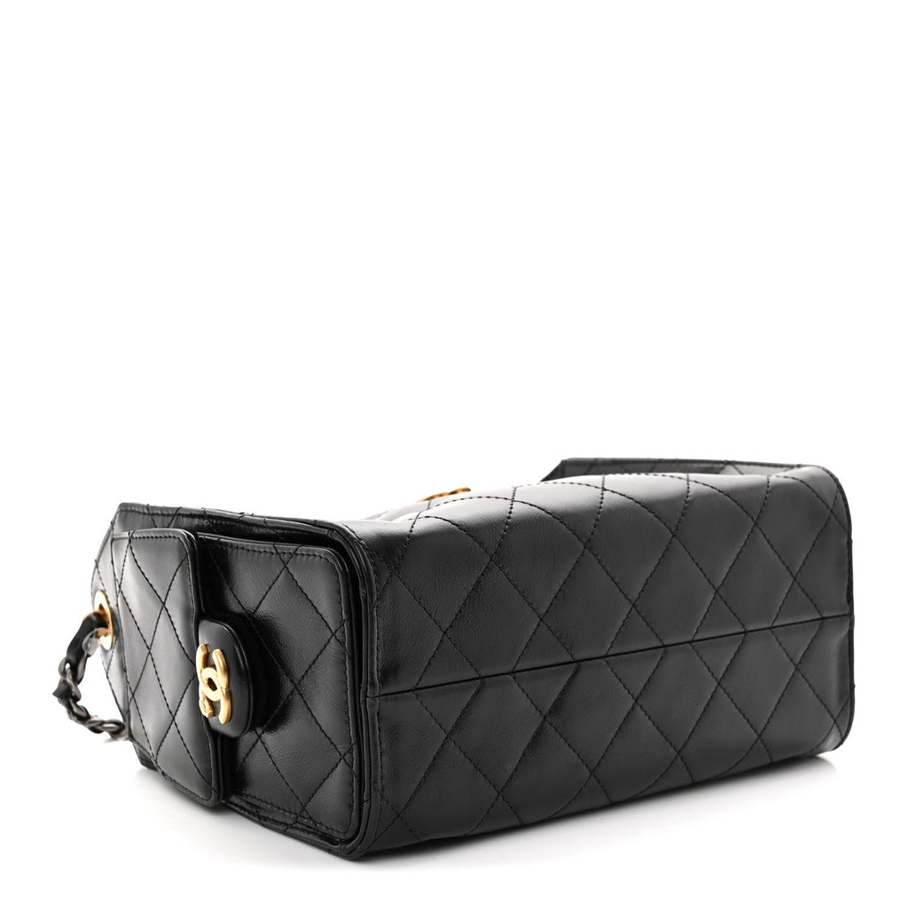 Shiny Crumpled Calfskin Quilted Mini Chanel 25 Handbag Black