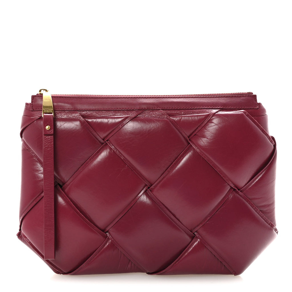 Paper Calfskin Maxi Intrecciato Padded Pouch Clutch Amaranto