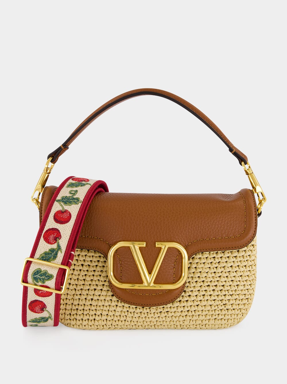 Natural Raffia and Saddle Brown Leather Shoulder Bag
