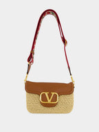 Natural Raffia and Saddle Brown Leather Shoulder Bag