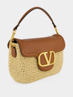 Natural Raffia and Saddle Brown Leather Shoulder Bag