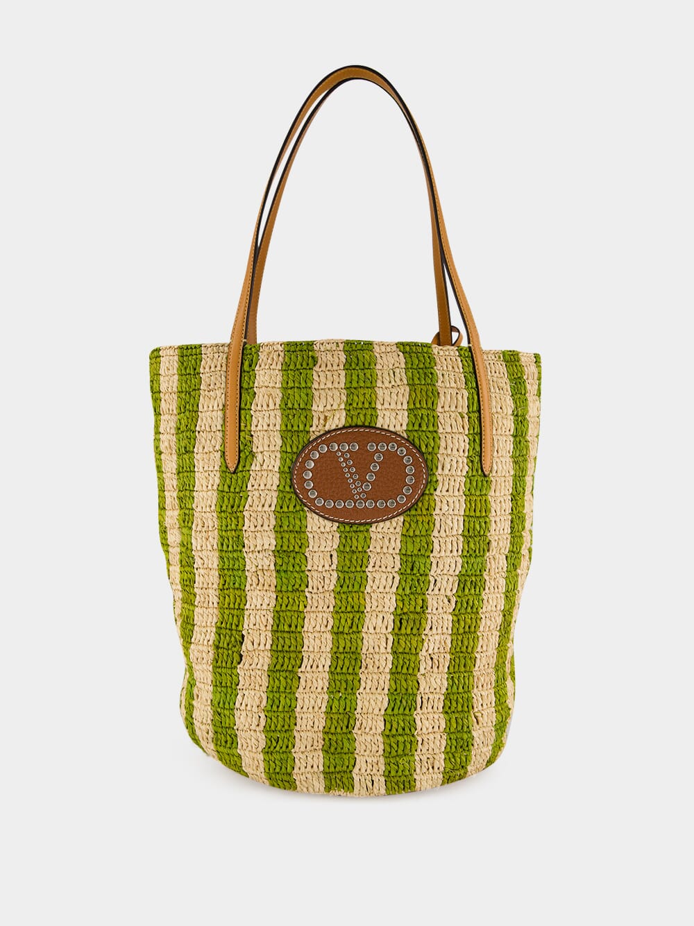 Natural and Green Striped Raffia Shopping Bag