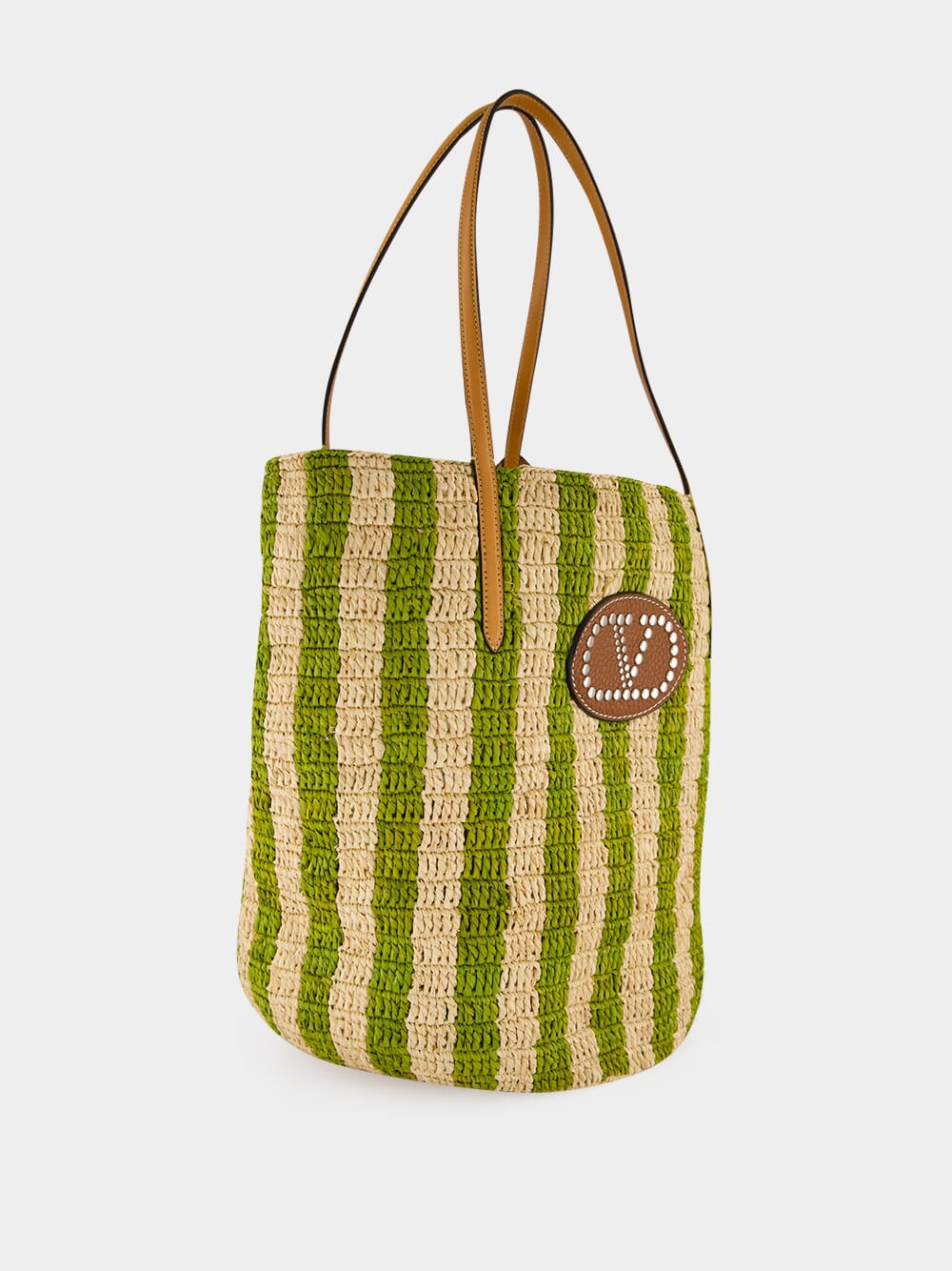 Natural and Green Striped Raffia Shopping Bag