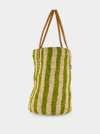 Natural and Green Striped Raffia Shopping Bag
