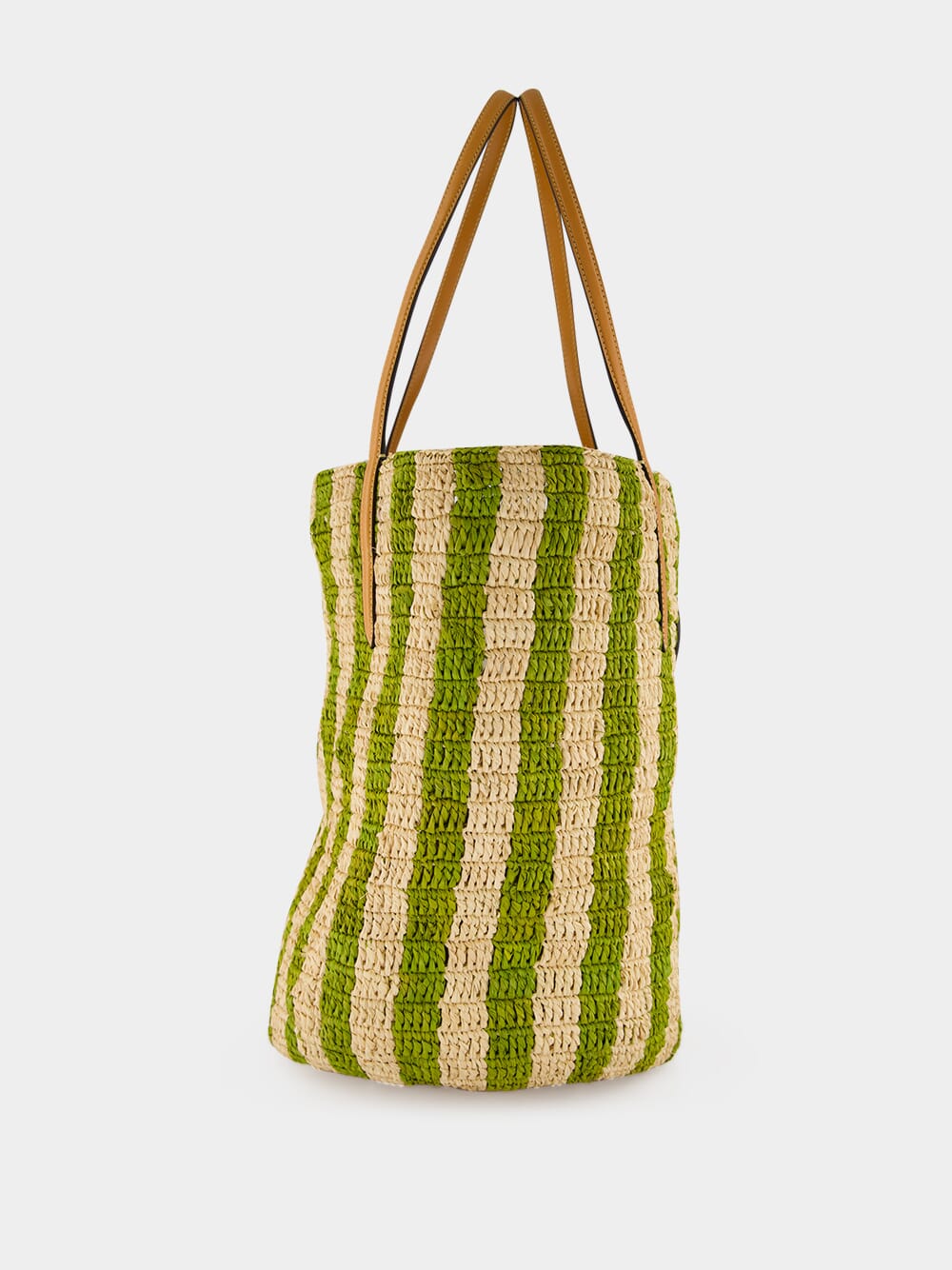 Natural and Green Striped Raffia Shopping Bag