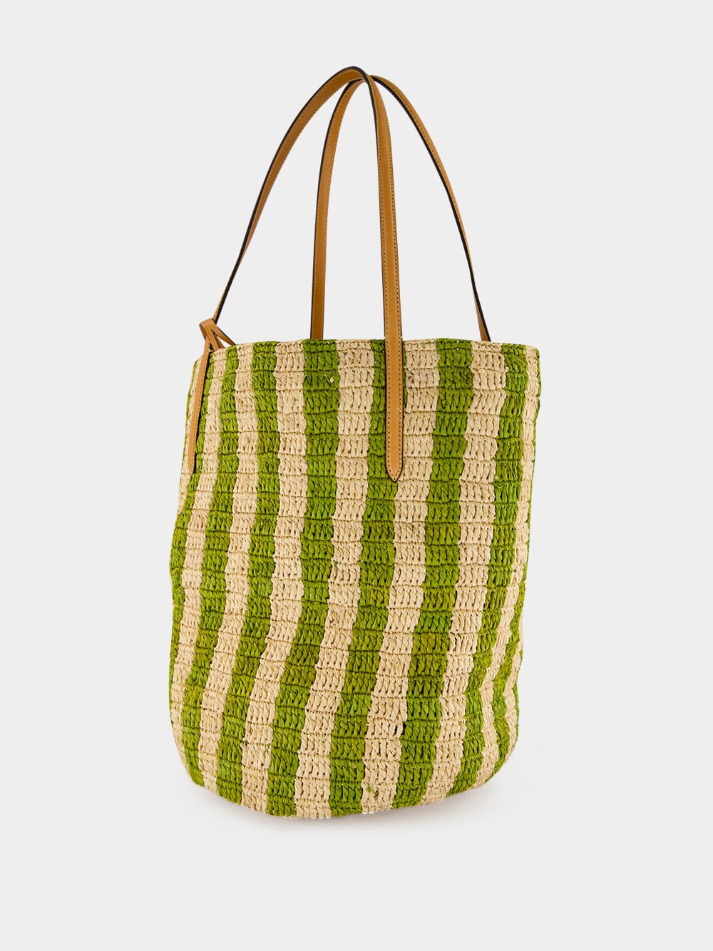 Natural and Green Striped Raffia Shopping Bag