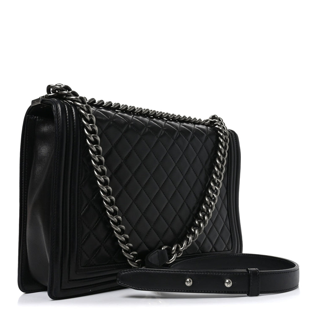 Lambskin Quilted Large Boy Flap Black