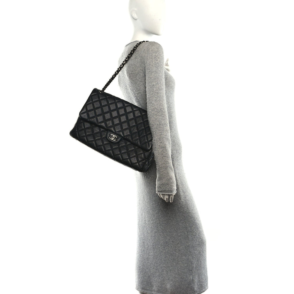 Calfskin Quilted XXL Travel Flap Bag Black