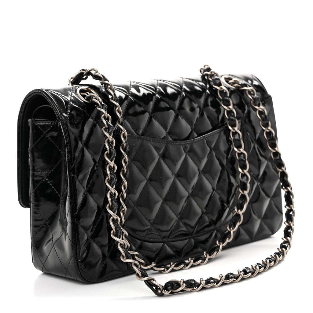 Glazed Calfskin Quilted Medium Double Flap Black