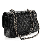 Glazed Calfskin Quilted Medium Double Flap Black
