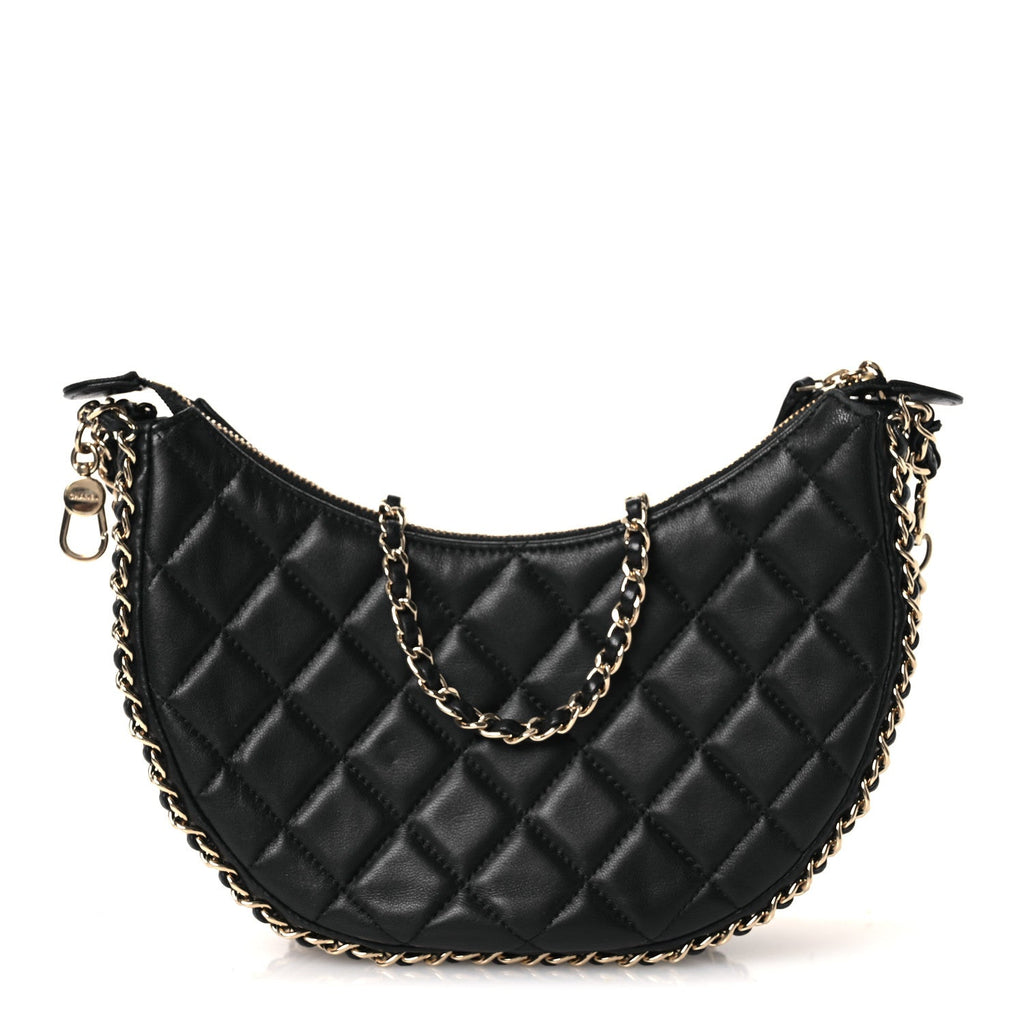 Lambskin Quilted Small Hobo Bag Black