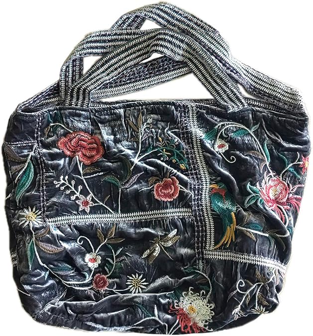 Johnny Was Uriah Velvet Handbag Grey Pewter Embroidery Flower Tote Bag Large NEW