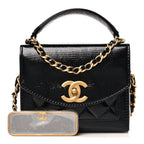 Shiny Lambskin Quilted Top Handle Card Holder On Chain Black
