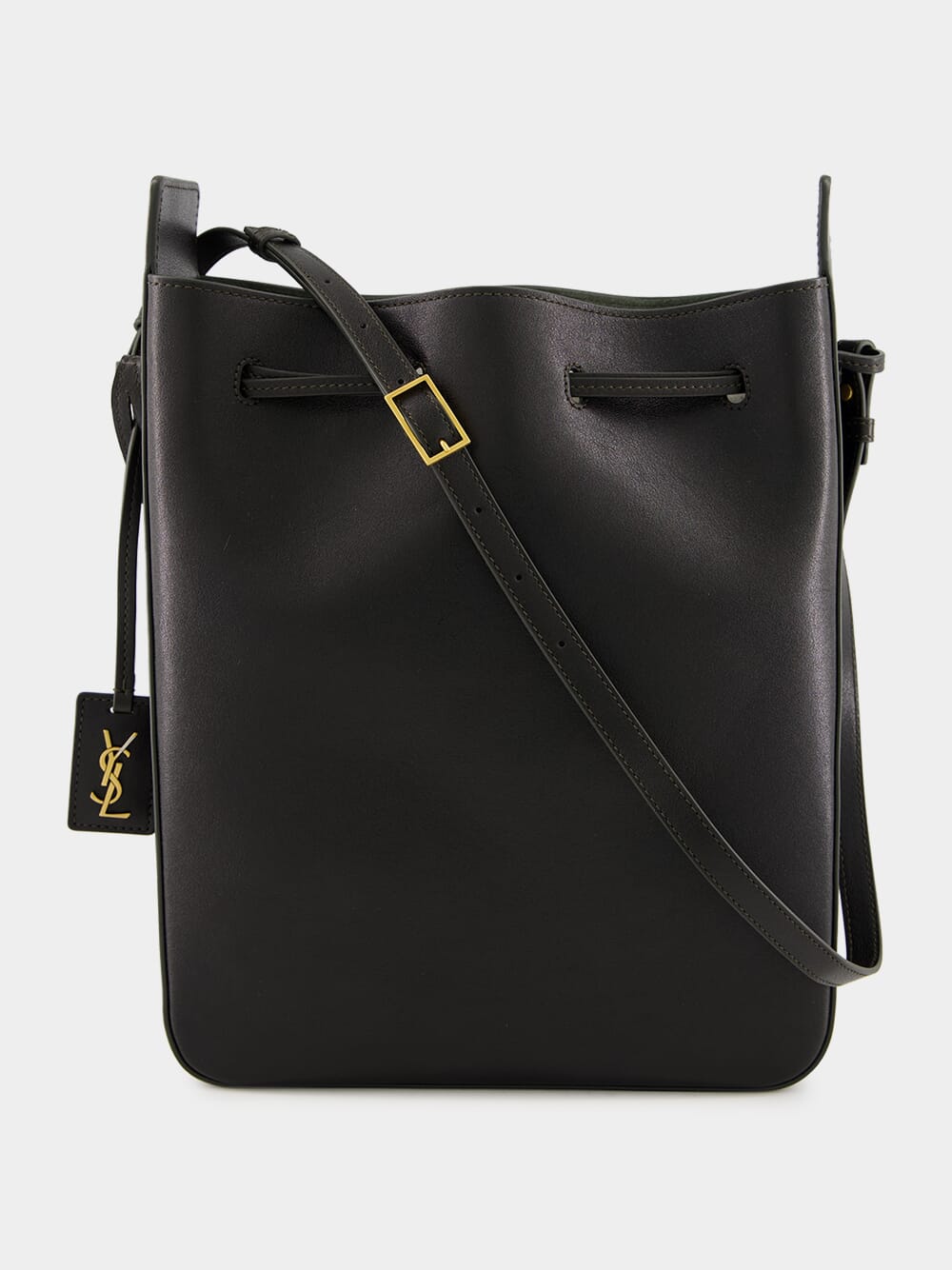 Black Leather Large Bucket Bag with Cassandre Charm