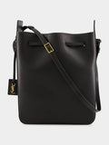 Black Leather Large Bucket Bag with Cassandre Charm