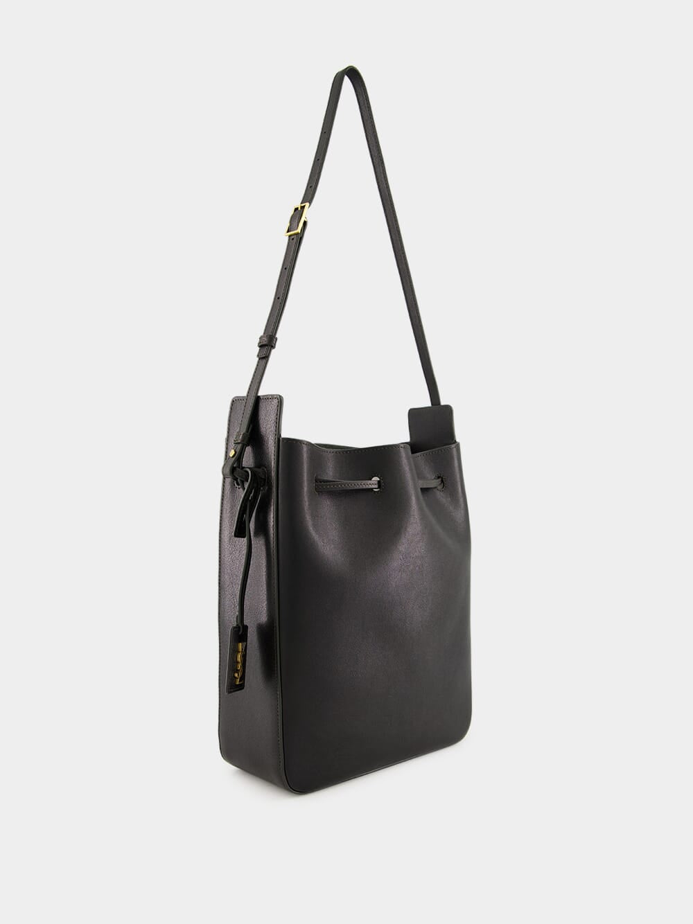 Black Leather Large Bucket Bag with Cassandre Charm