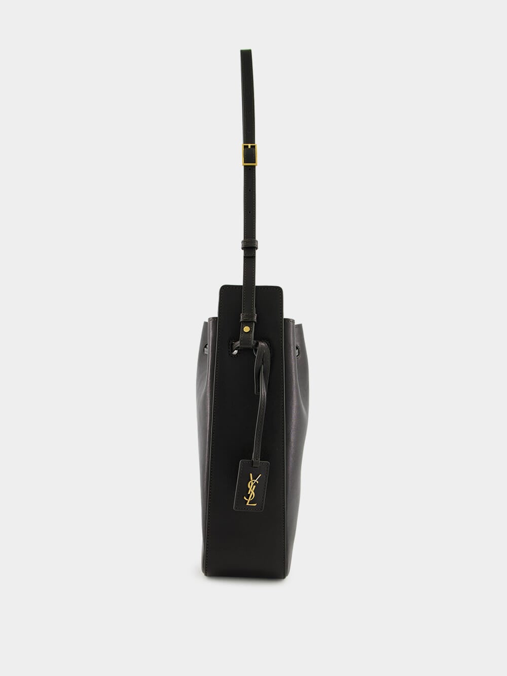 Black Leather Large Bucket Bag with Cassandre Charm