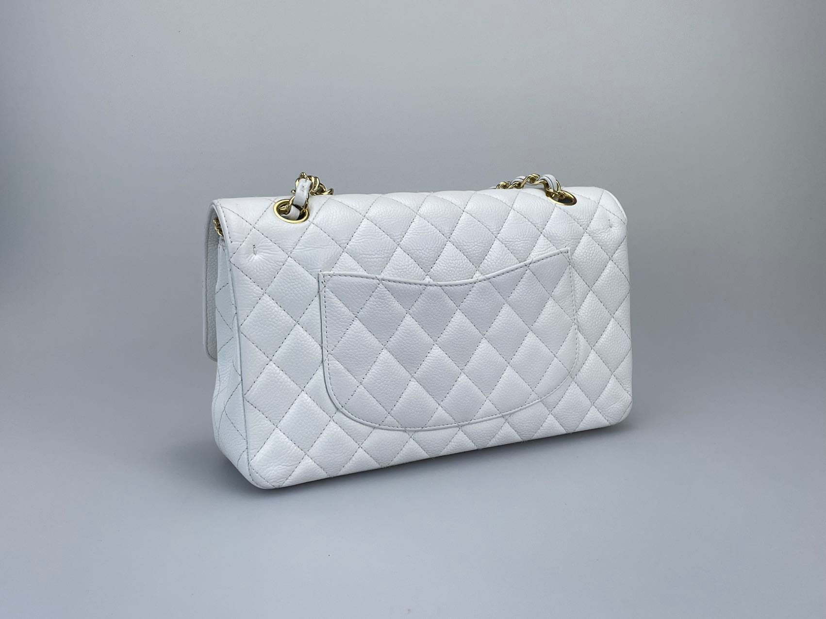 Chanel Medium White Classic Flap Bag in Caviar Leather with Gold Hardware