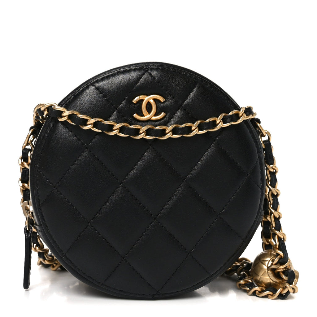 Lambskin Quilted Round Pearl Crush Clutch With Chain Black