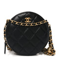 Lambskin Quilted Round Pearl Crush Clutch With Chain Black
