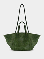 Leaf Green Woven Leather Tote Bag