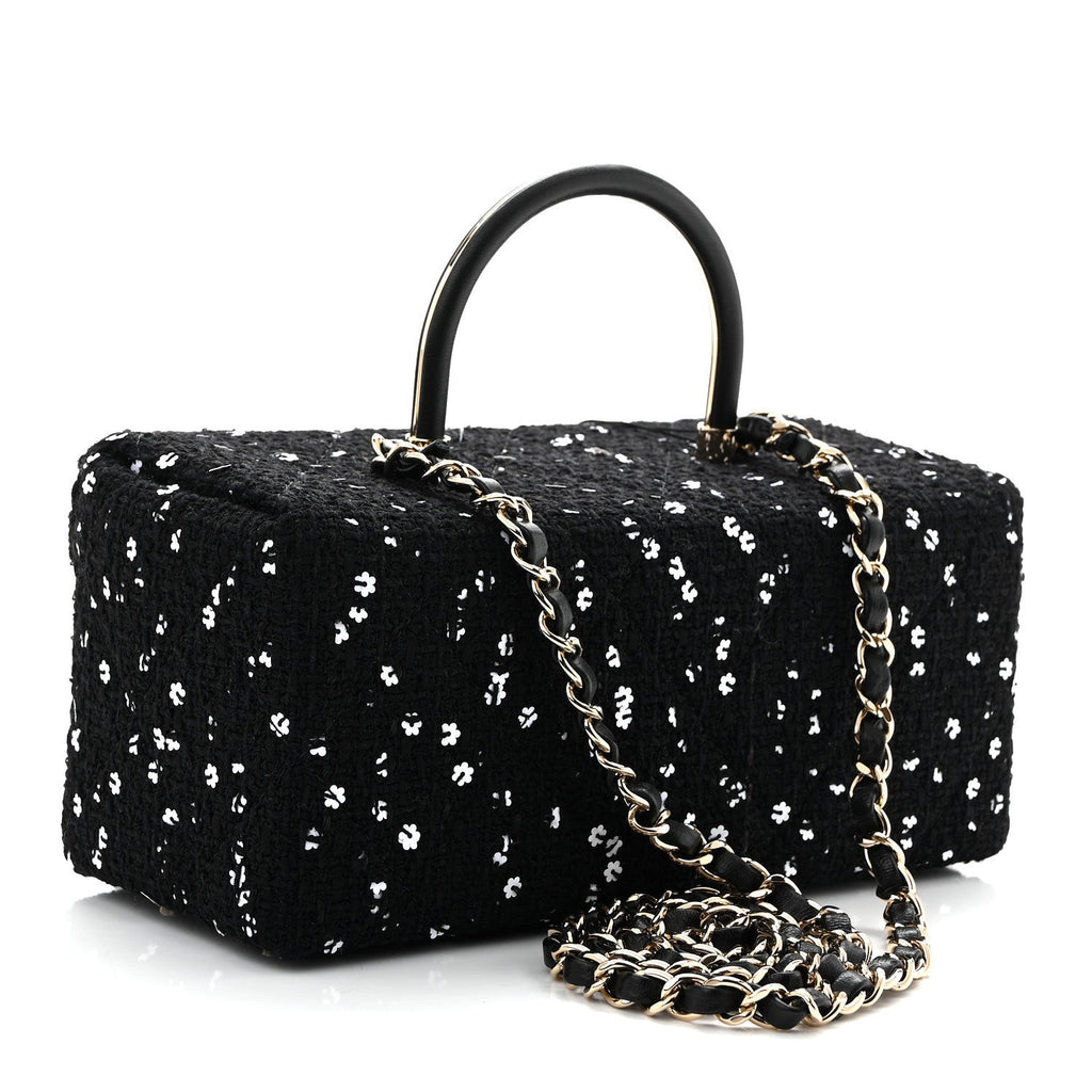 Tweed Sequin Quilted Top Handle Box Bag Black