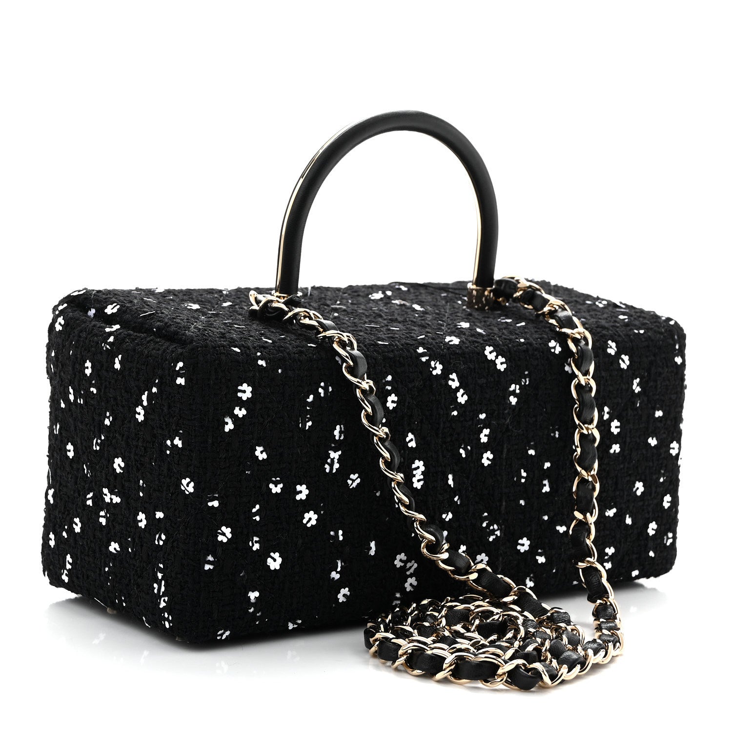Tweed Sequin Quilted Top Handle Box Bag Black