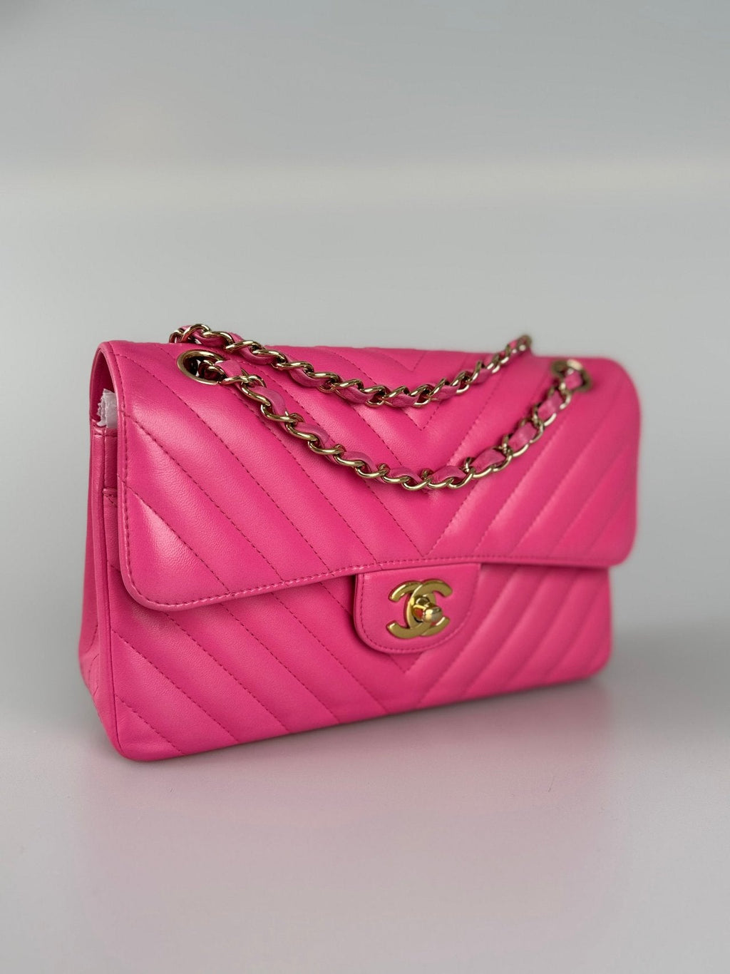 Chanel Small Pink Classic Double Flap Bag in Chevron Lambskin Leather with Gold Hardware