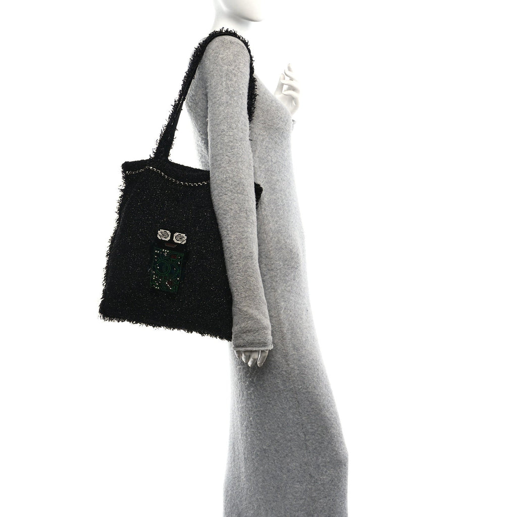 Tweed Resin Strass Large Robot Shopping Bag Black