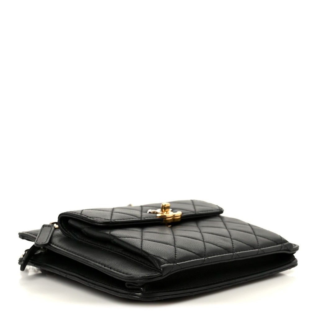 Lambskin Quilted Square Front Pocket Clutch With Chain Black
