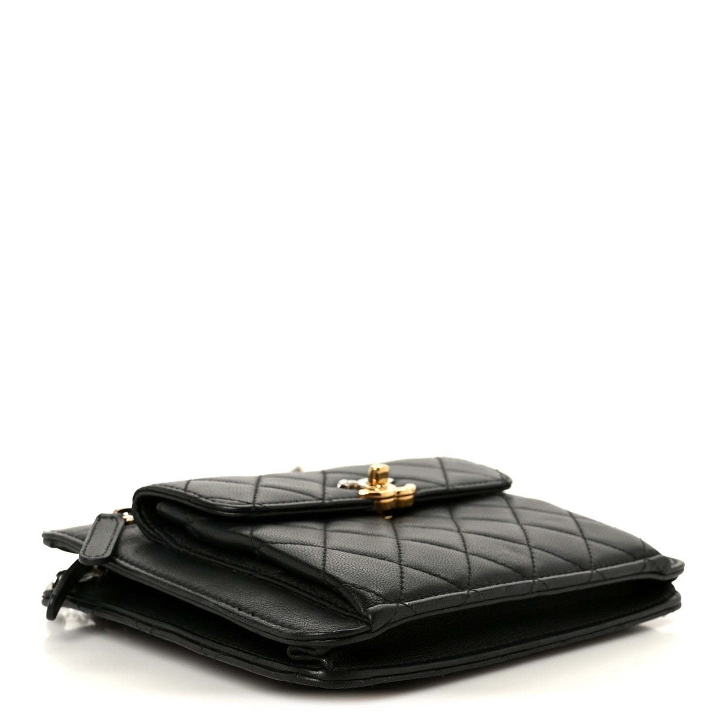 Lambskin Quilted Square Front Pocket Clutch With Chain Black