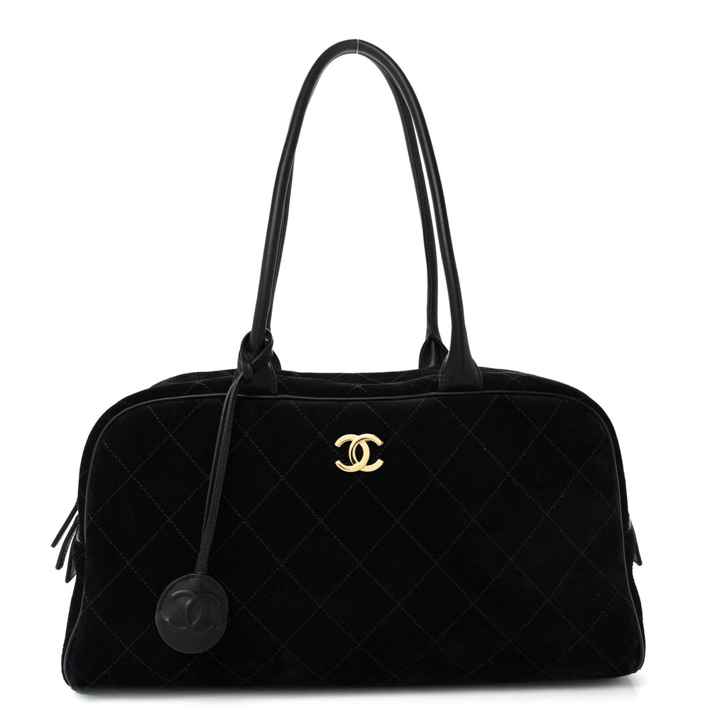 Suede Calfskin Large Perfect Bowling Bag Black
