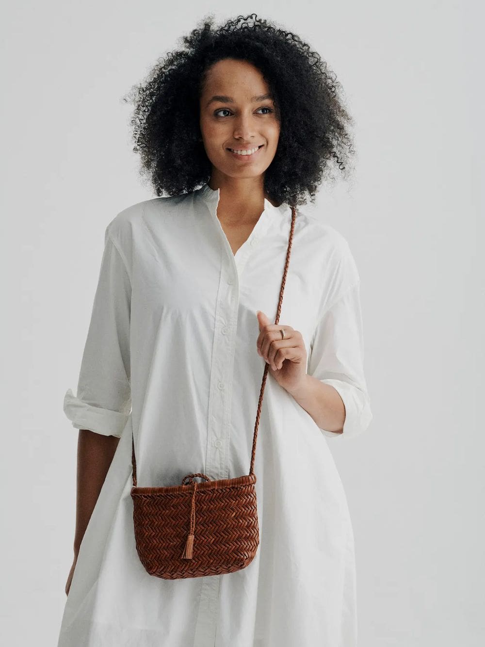 Tan Minsu Woven Leather Crossbody Bag