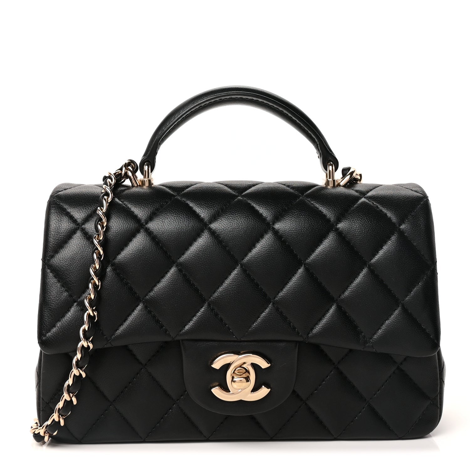 Lambskin Quilted Mini Top Handle Rectangular Flap Black