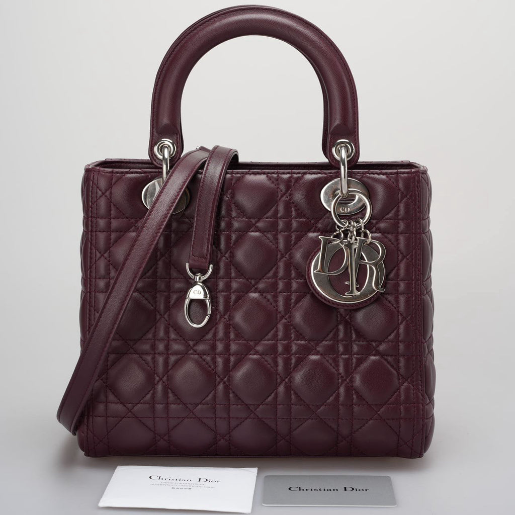 Christian Dior Burgundy Lady Dior Bag in Cannage Lambskin Leather with Silver Hardware Medium LP